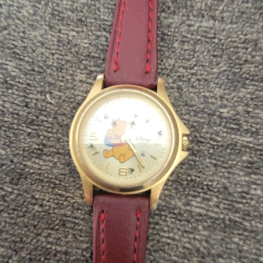 Vintage Disney Time Works Winnie The Pooh Boys Watch Gold Champagne Dial Brown